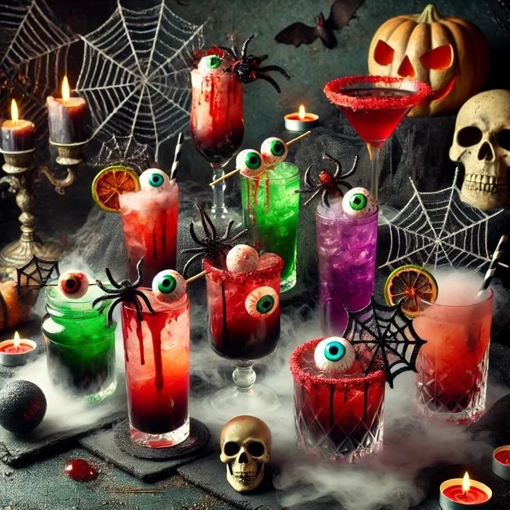 Verres de cocktails Halloween colorés et décorés pour une fête effrayante.