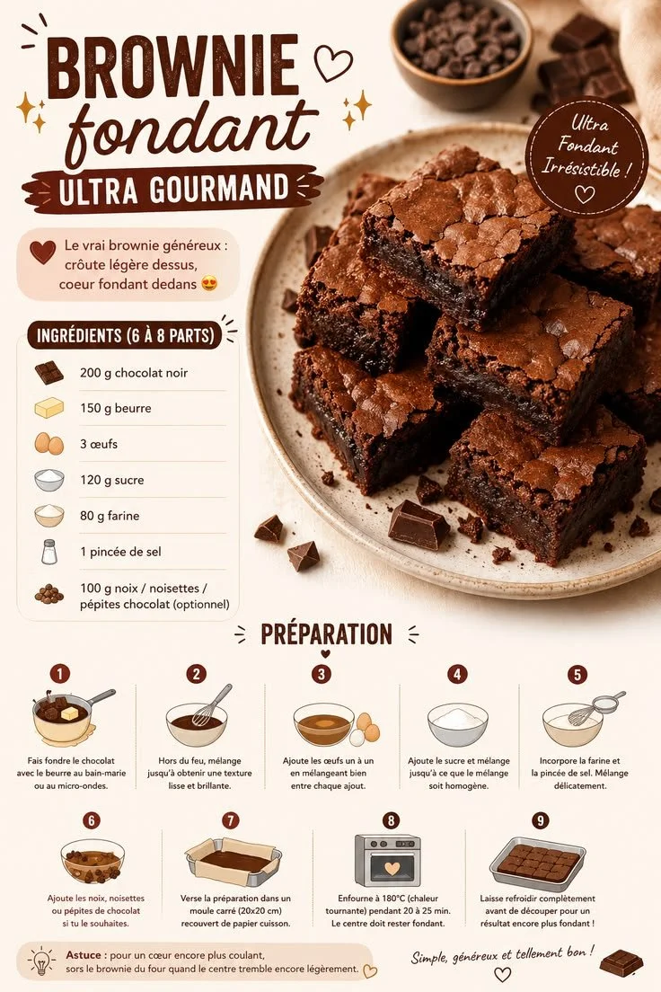 Recette de brownie ultra fondant, dessert chocolat riche et moelleux.