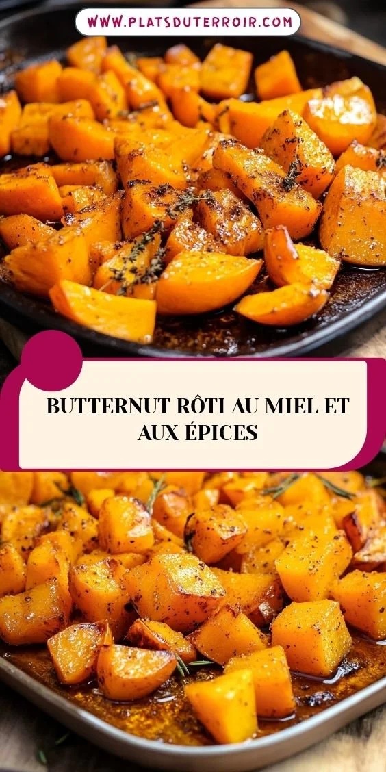 Butternut rôti au miel et aux épices dans un plat coloré et appétissant.