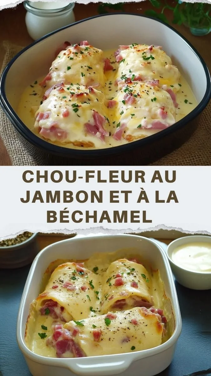 Creamy Chou-Fleur au Jambon with Béchamel sauce in a baking dish.