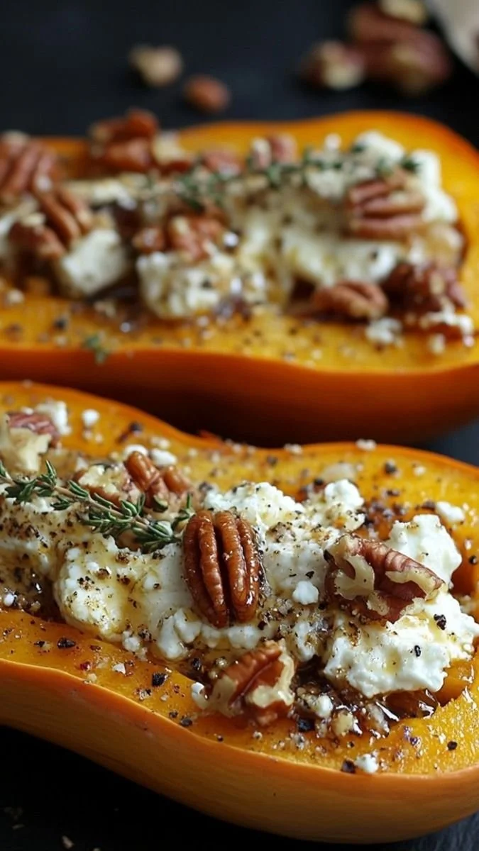 Stuffed butternut squash with goat cheese, nuts, and honey, an autumn delight.