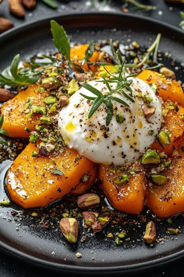 Plat de butternut caramélisé, burrata crémeuse et éclats de pistaches