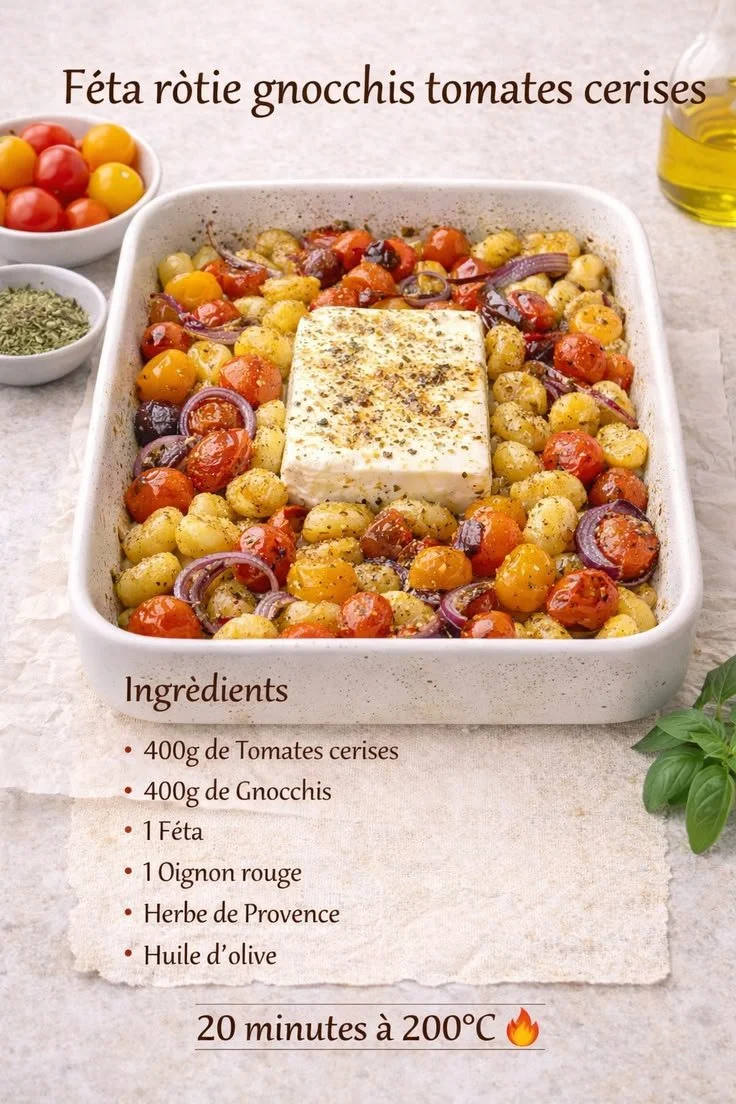 Fêta rôtie gnocchis with cherry tomatoes plated beautifully