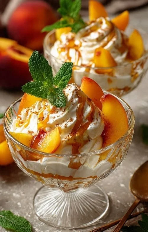 Delicious yaourt pêches dessert topped with fresh peaches ready in 5 minutes