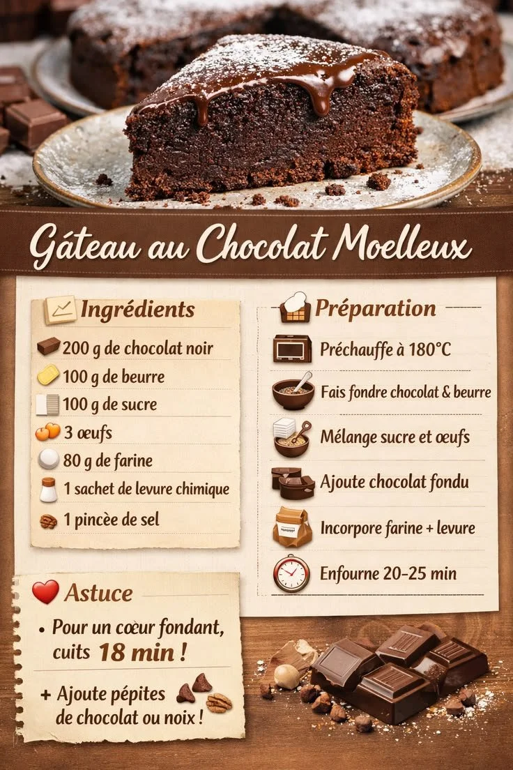 Gâteau au chocolat moelleux avec une garniture fondante, recette facile et rapide