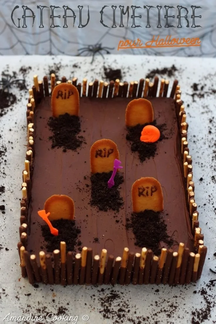Gâteau cimetière décoré pour Halloween par Amandine Cooking