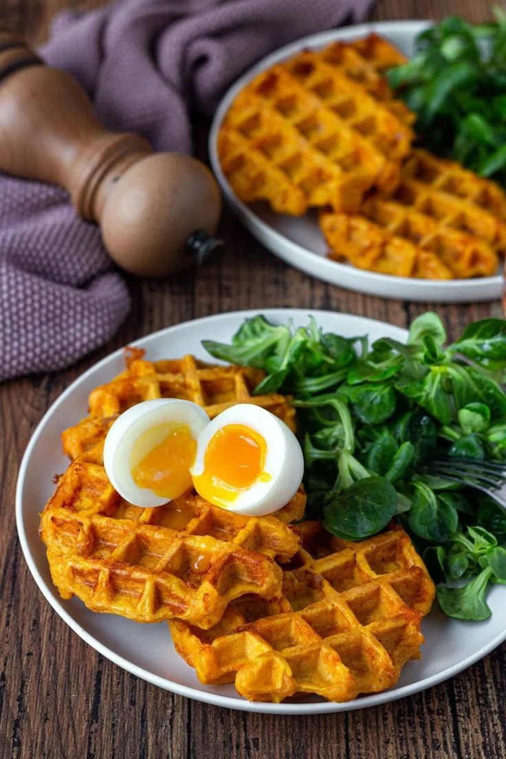 Gaufres de patate douce au bacon et cheddar, garnies et dorées à la perfection