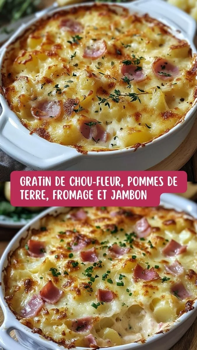 Savory Gratin de Chou-Fleur with potatoes, cheese, and ham baked to perfection.