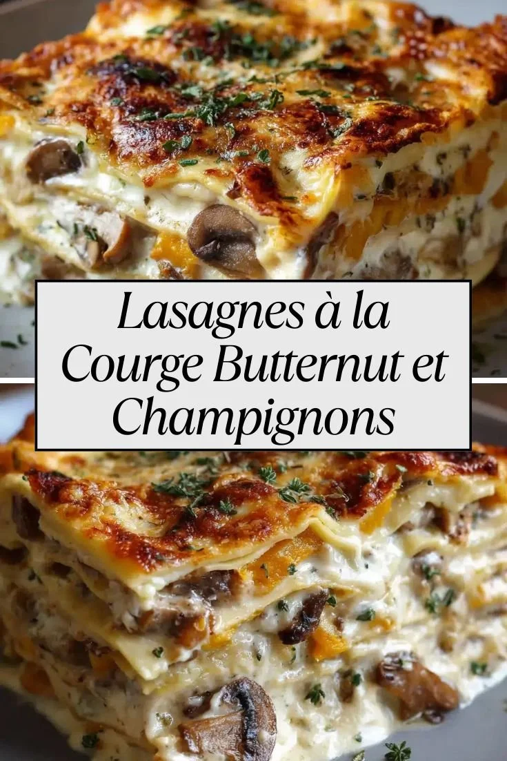 Lasagnes à la courge butternut et champignons servies dans un plat élégant.