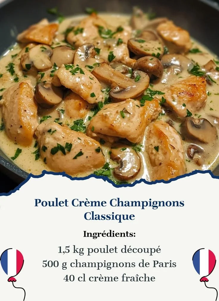 Delicious Poulet Crème Champignons served with creamy mushrooms and chicken.