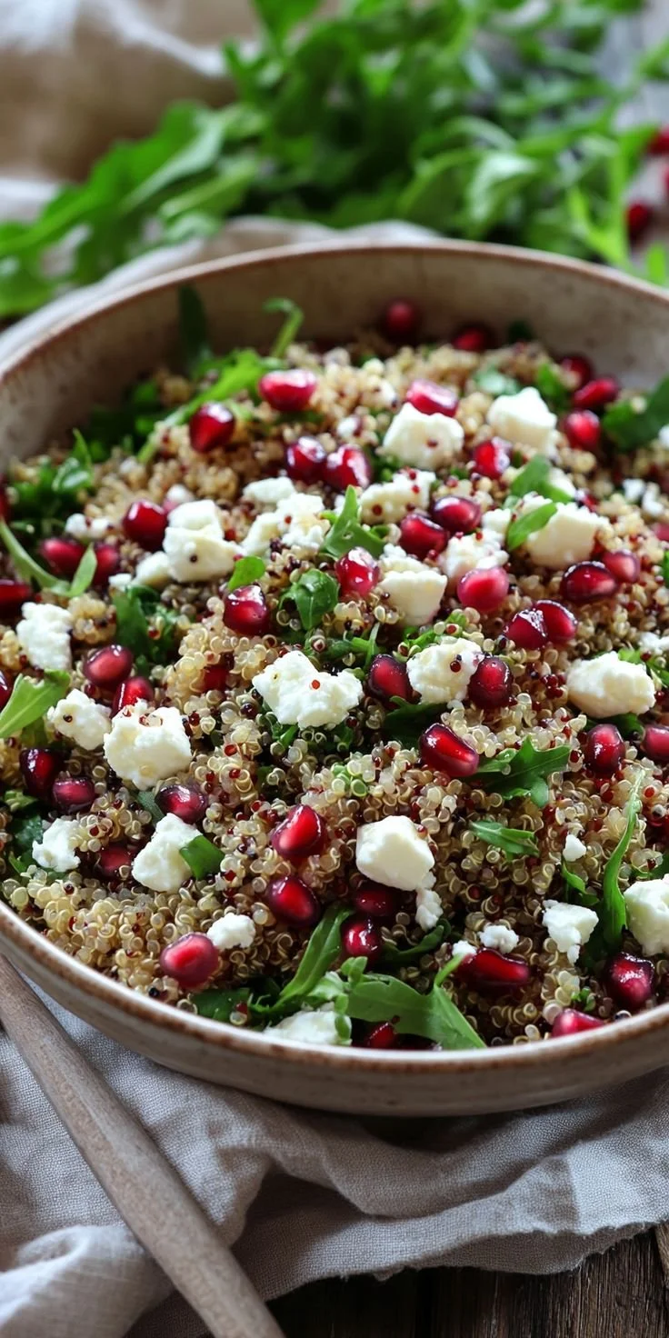 Salade de quinoa avec grenade et feta, un plat sain et délicieux.