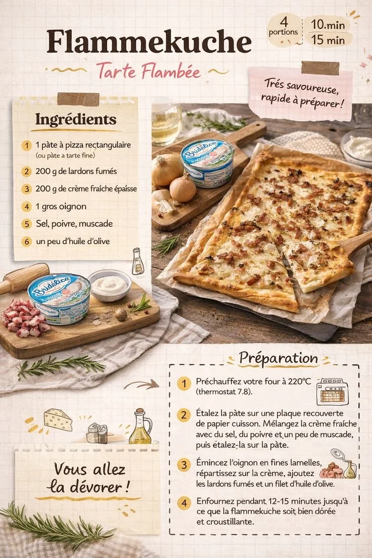 Delicious flammenkuche recipe featuring crispy dough and savory toppings.