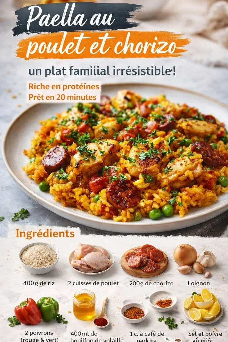 Paella au poulet et chorizo servie dans un plat coloré.