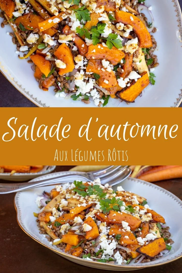 Salade d'automne aux légumes rôtis présentée dans un bol coloré