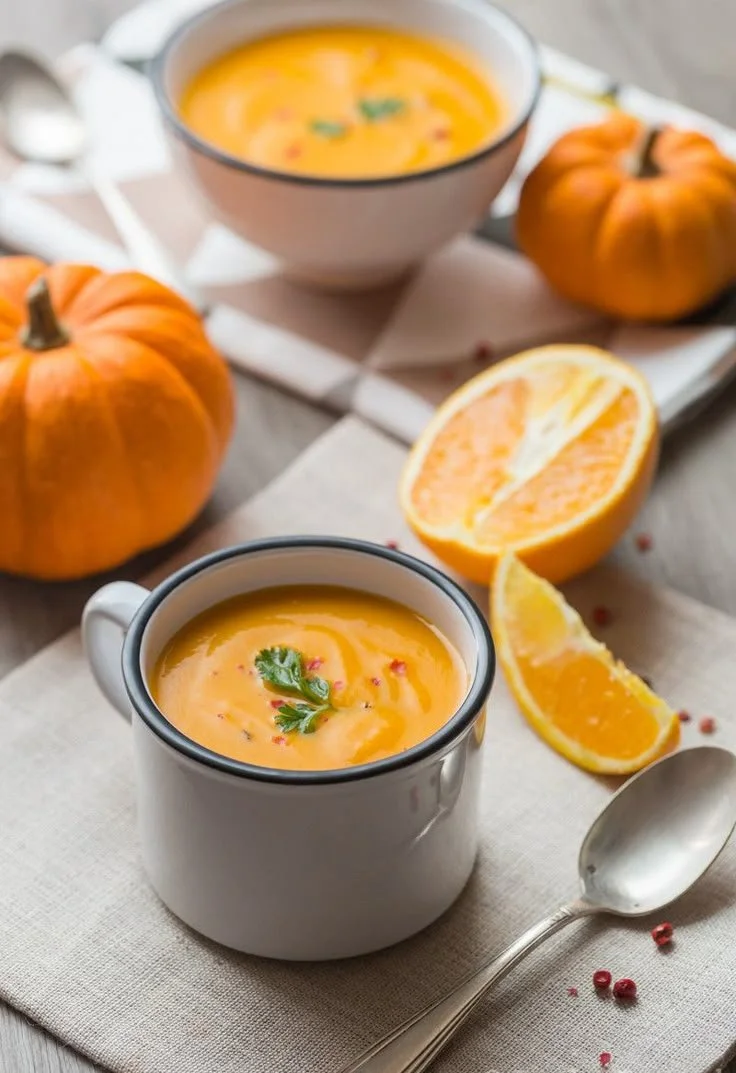 Soupe potiron, carotte et orange dans un bol