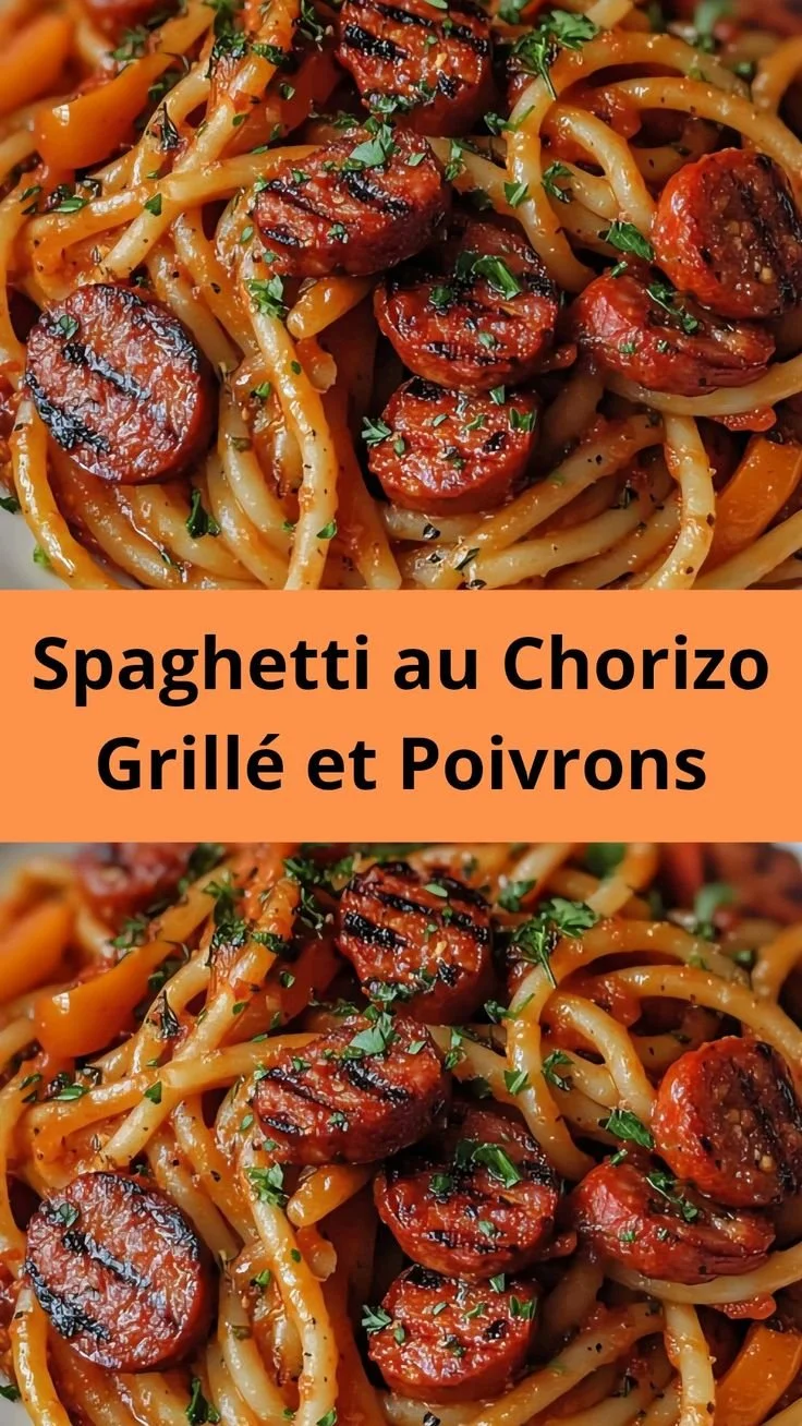 Spaghetti au chorizo grillé et poivrons colorés dans une assiette délicieuse.