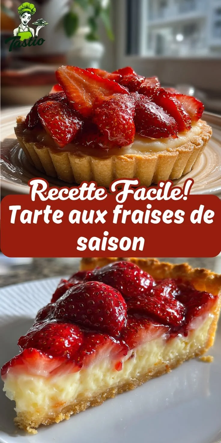 Fresh seasonal tarte aux fraises topped with ripe strawberries and whipped cream.