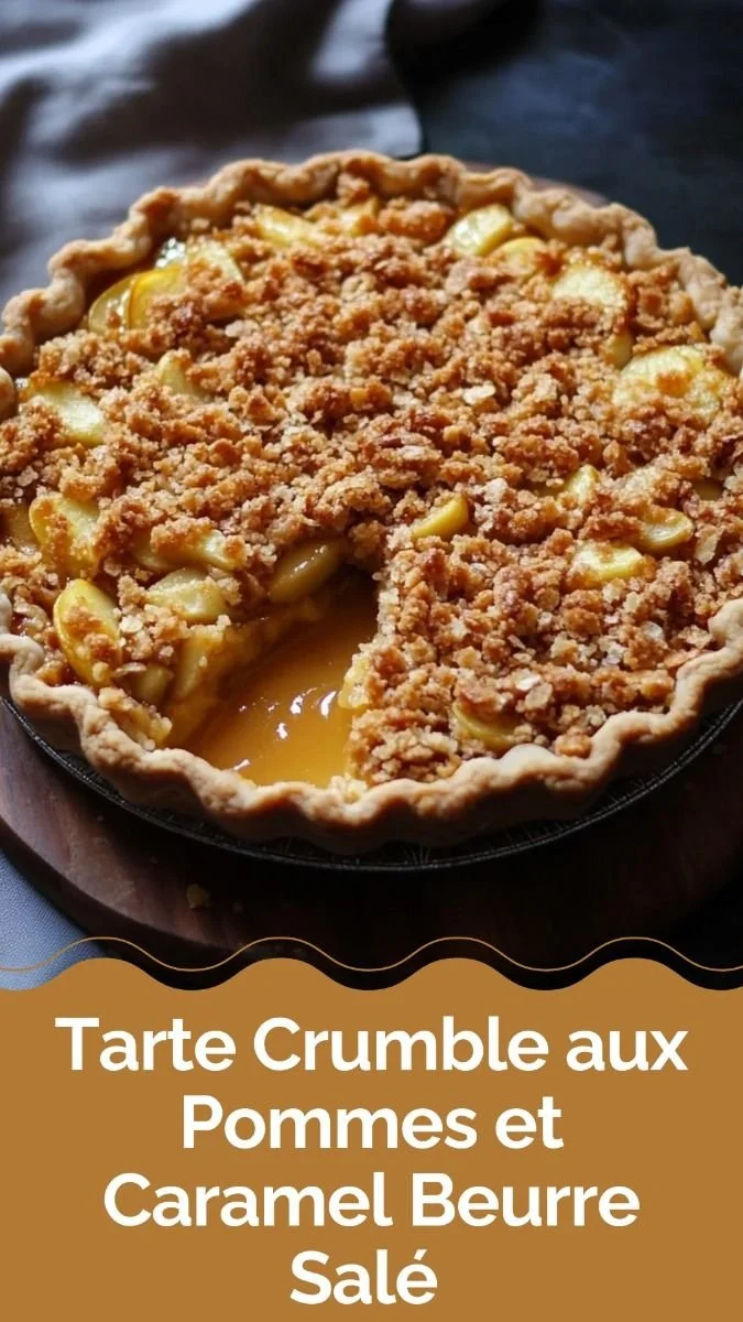 Tarte crumble aux pommes avec caramel beurre salé, un dessert gourmand et savoureux.